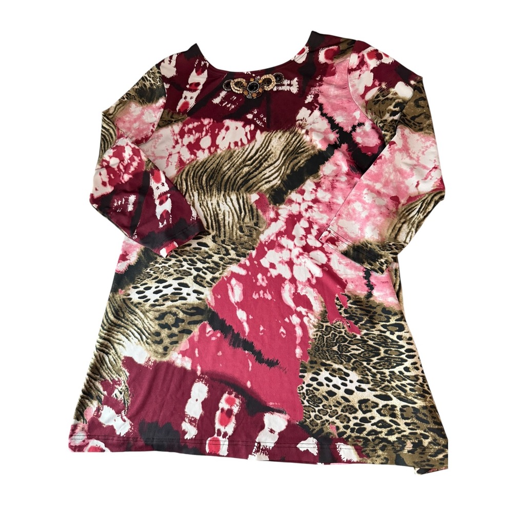 Max & Rina Women Burgundy Pink Animal Print Beaded Neck Tunic Top Size M